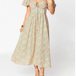 NWT Buddy Love Yellow and Pink Floral Smocked Midi Dress with Puff Sleeves